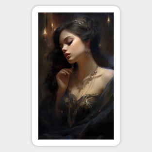 Oil painting of a beautiful woman in black dress Sticker